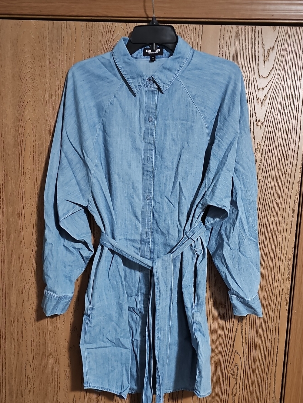 Express Light Blue Denim Shirtdress with Tie Waist And Pockets